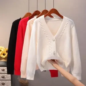 New Fashion Women Girls White Spring Autumn Sweater Cardigan Jacket Long Sleeve V neck Button Casual Tops Knitwear Sweater