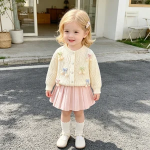 New Girl Sweater Autumn Winter Elegant Bow Knitted Bow Solid Color Long Sleeves Two Piece Set Baby Sweet Clothes