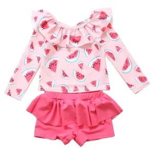 New Girls’ Clothes Long Sleeves Short Pants Beach Sunscreen Quick drying Children’s Split Swimsuit
