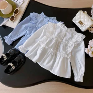 New Girls Shirts Baby Girl Long Sleeve Ruffle Blouse Kids Cotton Top