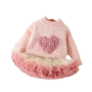New Girls’ Winter Knitted Base Sweater Crewneck Sweet Fleece Lining Thickened Children’s Clothing Long Party Button