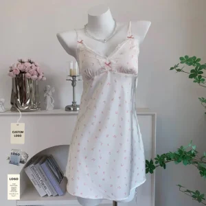 New Home Wear Girls Sweet White Floral Satin Slip Nightgown Summer Casual Lace Trim V Neck Sleepwear for Women