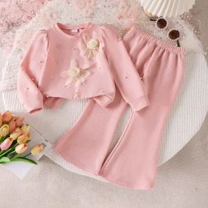 New Hot Selling Children Girls Sweet Floral Cotton Breathable Pink Long Sleeve Pearl Flower Pullover + Micro La Pants Set