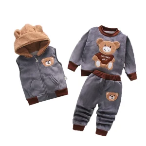 New Korean Cartoon Velvet Bear Three piece Suit Girls Boys Autumn Winter Kids Clothing Suits