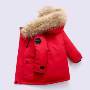 New Large Children’s Winter Coat Boy’s Padded Jacket with Hooded Fur Collar & Zipper Closure Filled Foreign Style