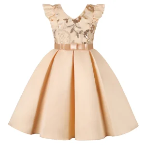 New Little Flying Sleeve Girls Dress Children Sequin Dress Skirt Festive Party Princess Dress