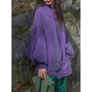 New Pleated Lantern Sleeve Satin Blouse Shirt French Chic Mori Girl Artistic Retro Oversized Thickened Top