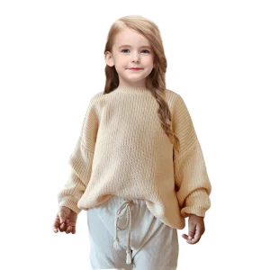 New Selling Solid Color Winter Long Sleeve Kids Pullover Customized Cream Knitted Baby Girl Sweater