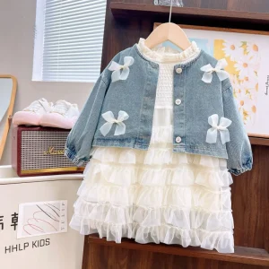 New Spring Korean Style Softened Polyester Dress Set for Baby Girls with Denim Jacket and Princess Skirt