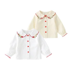 New Spring Long sleeve Soft Cotton White T shirt for Girls Stylish Doll Collar Top with Embroidery Perfect As a Base Layer