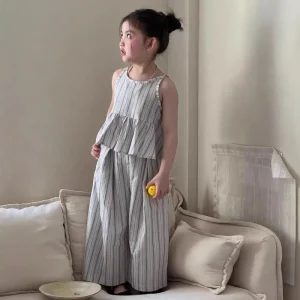 New Spring Summer Girls Sweet Bows Fashion Suspender Top & Wide Leg Pants Set Breathable Children’s Clothing