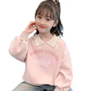 New Style Girls’ Autumn Pullover with Lace Children’s Clothing for Girls Middle-sized Polo Collar Top
