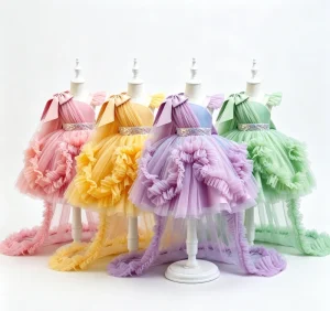 New Style Girls’ First Birthday Dress Baby Shoulder Style Fluffy Cake Train Skirt Children’s Performance Dress