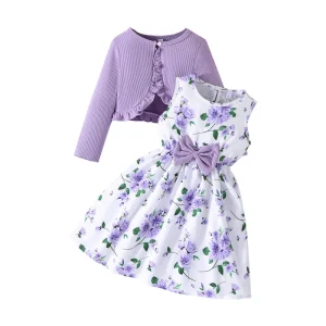 New Style Kids Clothes Set Girls 2-8 Years of Age Floral Halter Dress and Solid Color Long Sleeved Knit Coat for Baby Girl