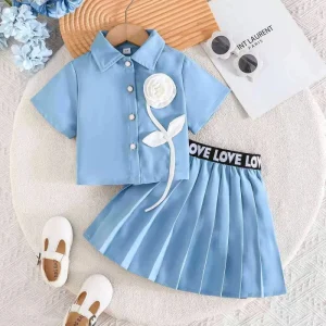 New Style Toddler Girls Short Sleeve Flower Shirt + Pleated Skirt 2 Pieces Outfit Clothing Set