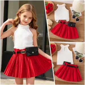 New Style Toddler Girls Solid Sleeveless T shirt + Pleated Skirt with Waist Bag 2 Pieces Outfit Clothing Set