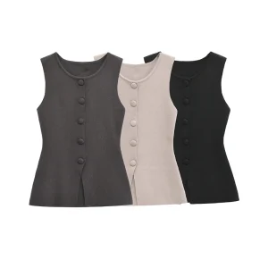 New Style Women’s Vest Top with Button Placket Retro Solid Color Vest Fashion