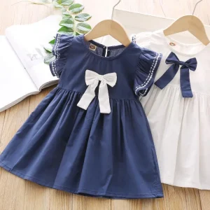 New Style for Middle Small Children’s Embroidered Solid Cotton Short sleeved Girls’ Summer Dress