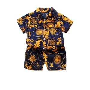New Summer Baby Boy Wear Floral Print Short Sleeve Shirt Collar Tops Shorts 2Pcs Suit Kids Boys Clothes Sets for 2 3 Years Boy