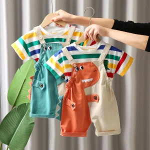 New Summer Boys Girls Infants Dinosaur Overalls Shorts Children’s Short Sleeved Suit Cartoon Color Spring Autumn 3pcs