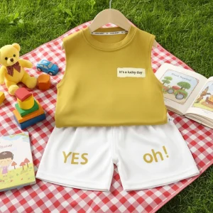 New Summer Children’s Pique Cotton Vest Shorts Set Sleeveless Boys Girls Korean Style Sports Letters Pattern Two Piece Clothing
