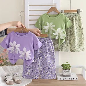 New Summer Girls Outfit Printed Flower Short Sleeve Two Piece Set Thin Casual Kids Clothing Suit