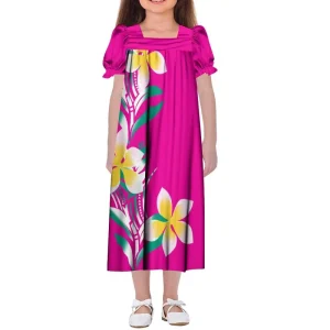 New Summer Micronesian Muumuu Girls Mumu Custom Island Style Plumeria Flower Printed Puff Sleeve Puffy Kids Dress for Girls