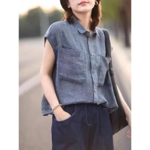 New Summer Retro Textured Loose Cotton Linen Shirt Blouse French Chic Mori Girl Short Sleeve Casual Top