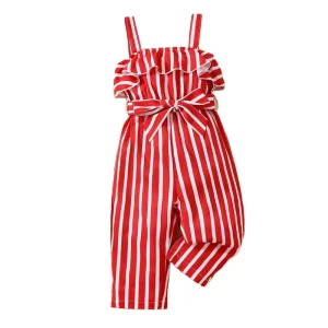 New Summer Sleeveless Suspender Solid Belt Lace Ruffles Bodysuit Fashion Striped Romper Long Pants Girls Casual Jumpsuits