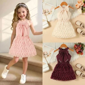 New Summer Style Girls Dress with Sequins and Bow Collars Paired with Netted Skirt Set