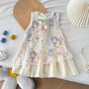 New Summer children Loose sleeveless dresses O Neck dress baby girls kids princess dress suit