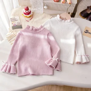 New Sweet Design Spring Autumn Baby Ribbed Knit Top Mock Neck Ruffled Sleeve Princess Girls Pullover Sweaters