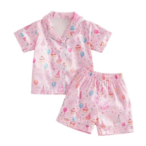 New Toddler Baby Girls Summer Cupcake Sleepwear Short Sleeve Lapel Button Down Shirt Shorts Kids Birthday Satin Pajamas Outfit