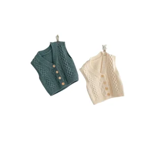 New Toddler Vest Baby Boys Girls 0 2Y 100% Cotton Geometric Cardigan Chunky Knitted Sweater Vest