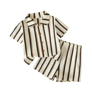 New Trending Baby Boy Formal Summer Striped Suit Dress Flip Collar T shirt Formal Shorts 2pcs Two Piece Set