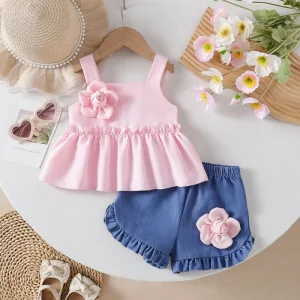 New Trending Manufacturer OEM ODM 2 Pieces Baby Girl Sweet Floral Summer Sling Shorts Set