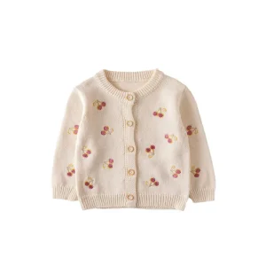 New Trendy Baby Knit Cardigan with Embroidered Flowers OEM Warm Crewneck Kids Cardigan Girls Sweater 2-14 Years
