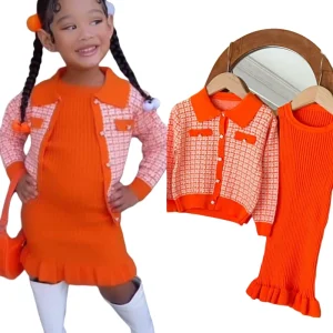 New Trendy Boutique Children Clothing Knitted Dresses+Long Sleeve Sweater Kids Sets Two Piece Girls Princess Two Piece Set