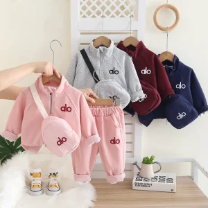 New Trendy Boys Girls Casual Sports Sweatshirt Set Stylish Crossbody Bag Half Zip for Spring Autumn Children’s Fashion