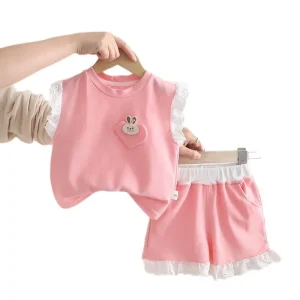 New Trendy Casual Animal Print Baby Two-Piece Cotton Sleeveless Shorts with Lace for Girls and Toddlers Summer Outfit