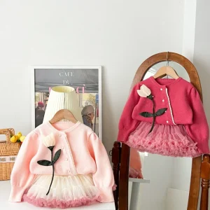 New Trendy Casual Korean Style Small Knitted Children’s Sweater Dress Set Girls’ Autumn Winter Two-Piece Set