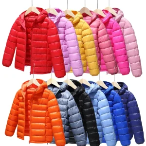 New Unisex Children Winter Clothes Waterproof Solid Color Padded Jacket with Zipper Closure for Kids Hooded Coat for Boy or Girl