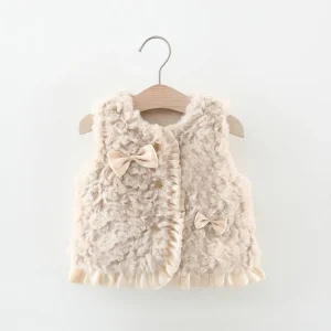 New Winter Style Korean-Style Woolen Sweater Vest for Girls Two Bow Trim Waistcoat for Toddlers