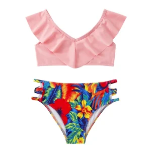 New in Stock Children’s Swimwear cute Solid Color and Printed Mid-length Girls’ tank Bikini with Ruffles 2-piece Set