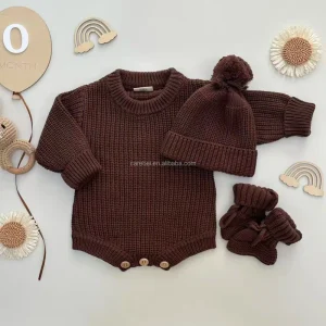 Newborn Baby Boy Knit Romper with Hat and Socks 3pcs Gift Set Winter Infant Chocolate Solid Color Chunky Knit Bodysuit Sweaters