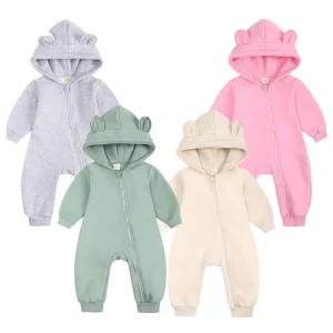 Newborn Baby Girls Boys Bodysuit Winter Jumpsuit Solid Bear Ear Hoodie Baby Clothes Rompers