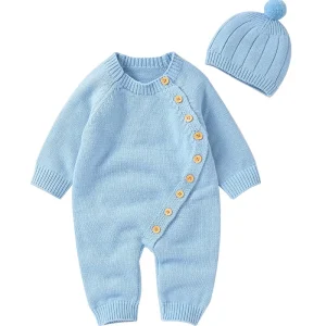 Newborn Baby Girls Boys Sweater Jumpsuit Autumn Knit Romper Clothes Button Solid Bodysuit 100% Organic Cotton 2pcs Outfit