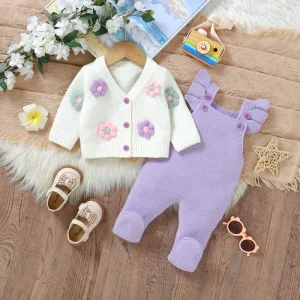 Newborn Baby Knit Set Flower Cardigan Ruffle Strap Romper Infant Toddler Clothing Set for Baby Girls Soft Knitwear Outfit