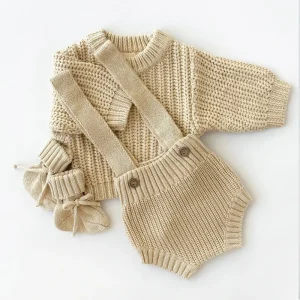 Newborn Gift High Quality Unisex Cotton Chunky Knit Boys Girls Sweater Set Overalls 0 3 Months Baby Clothes
