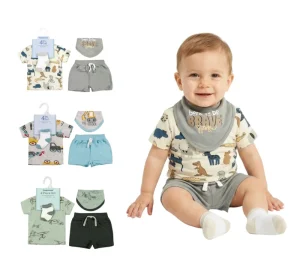 Newborn Unisex Baby 4 Piece Clothing Set Cotton Animal Print Short Sleeve T Shirt Bib Baby Bodysuit Breathable European